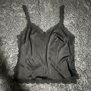 Black Satin Lace Trim Sleepwear Tank | Lingerie-Inspired Camisole